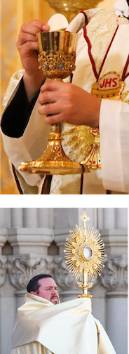 The Sacred Host being held above a golden chalice; one of the MFVA friars elevating the monstrance outside the Shrine church.